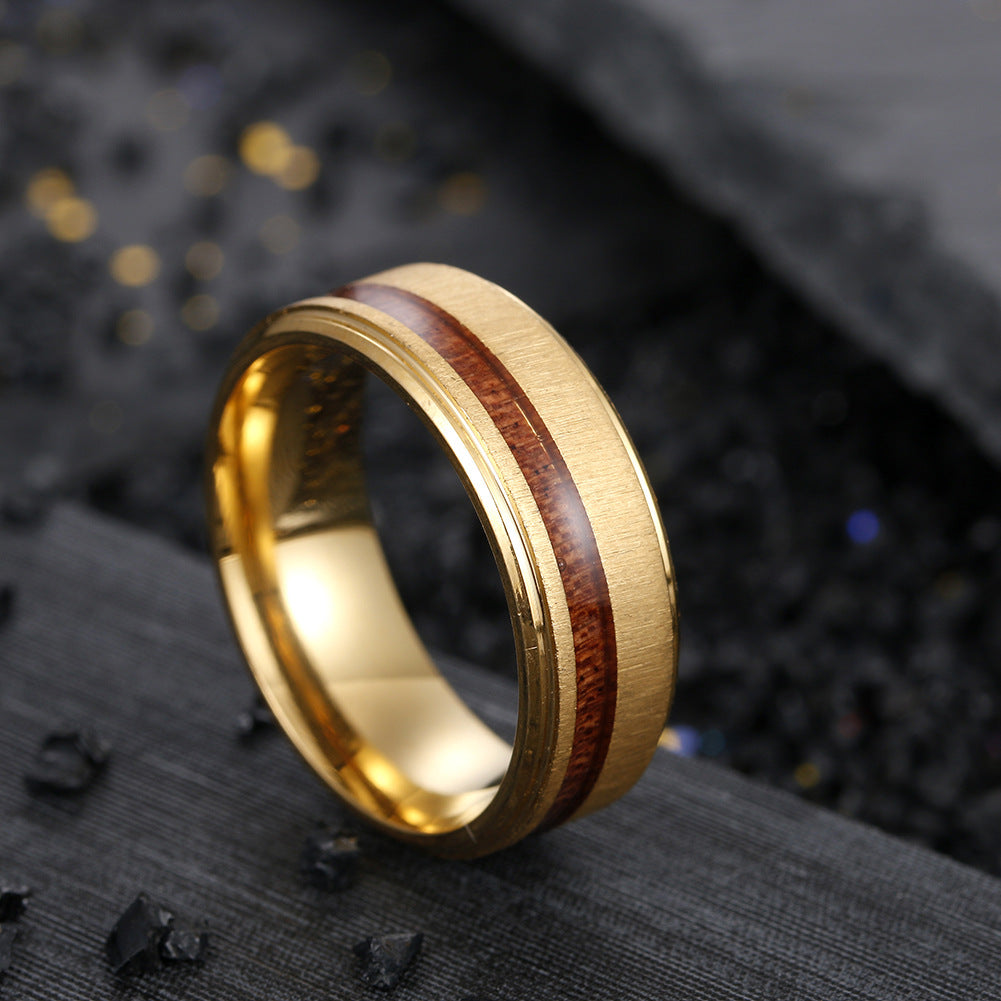 European Style Titanium Steel Ring with Wood Grain Detail - Men's Fashion Ring