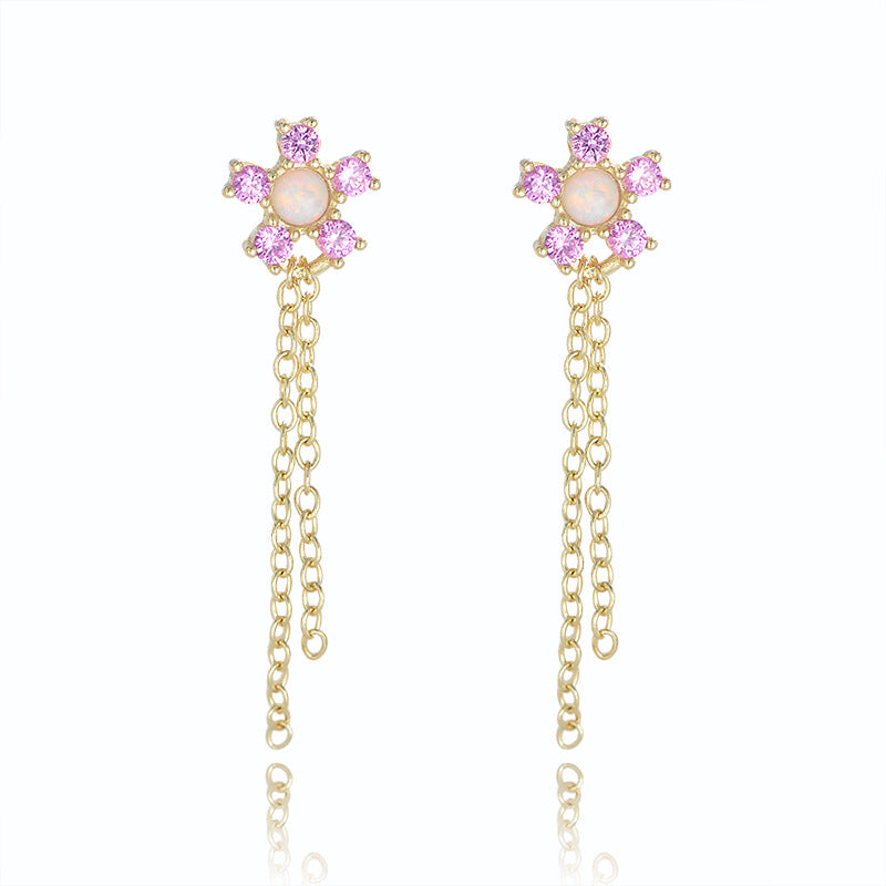 S925 Sterling Silver Zircon Chain Fringed Earrings Flower Stud Earrings