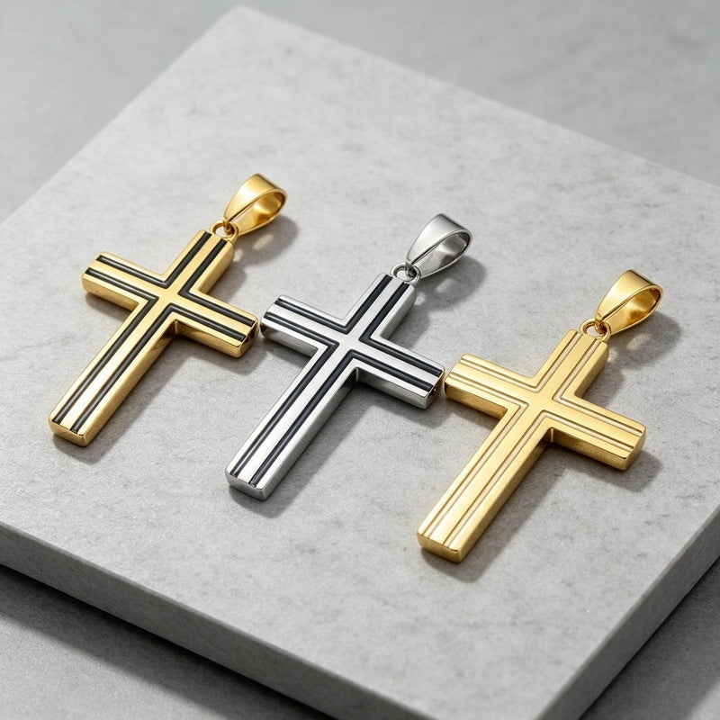 Versatile Double-Line Groove Dripping Oil Contrasting Cross Pendant, Stainless Steel Men's Pendant On Necklace