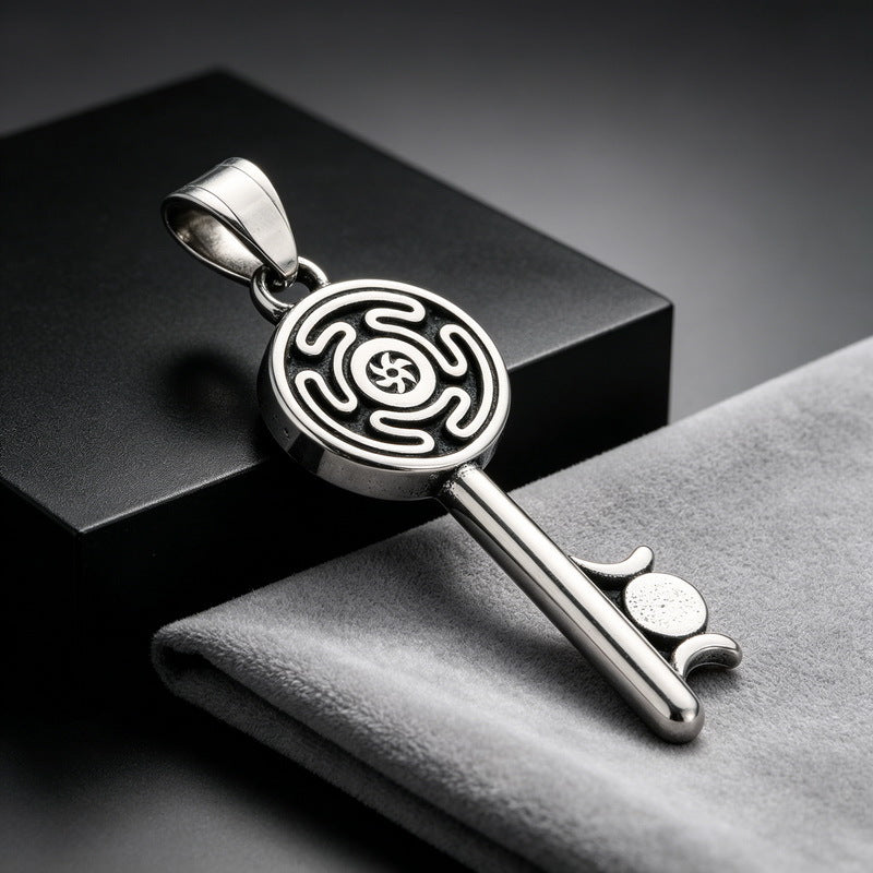 Gothic Snake Wrapped Rune Key Dark Vintage Labyrinth Cross Pattern Stainless Steel Necklace