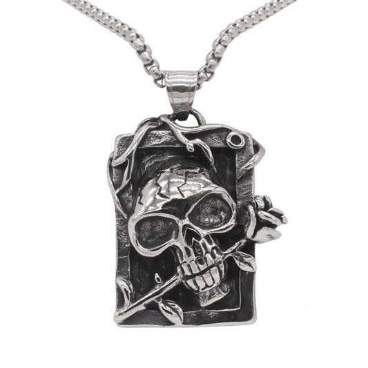 Planderful Jewelry Skull Pendant For Men With Rose Detailing In Titanium Steel Premium Craftsmanship