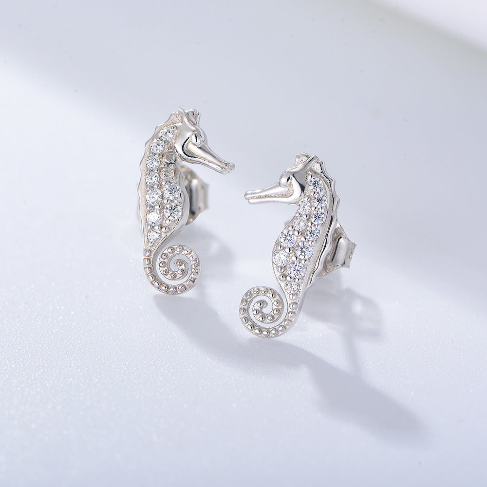 S925 Sterling Silver Micro-Inlaid Zircon Seahorse Animal Stud Earrings Cute Earrings Ear