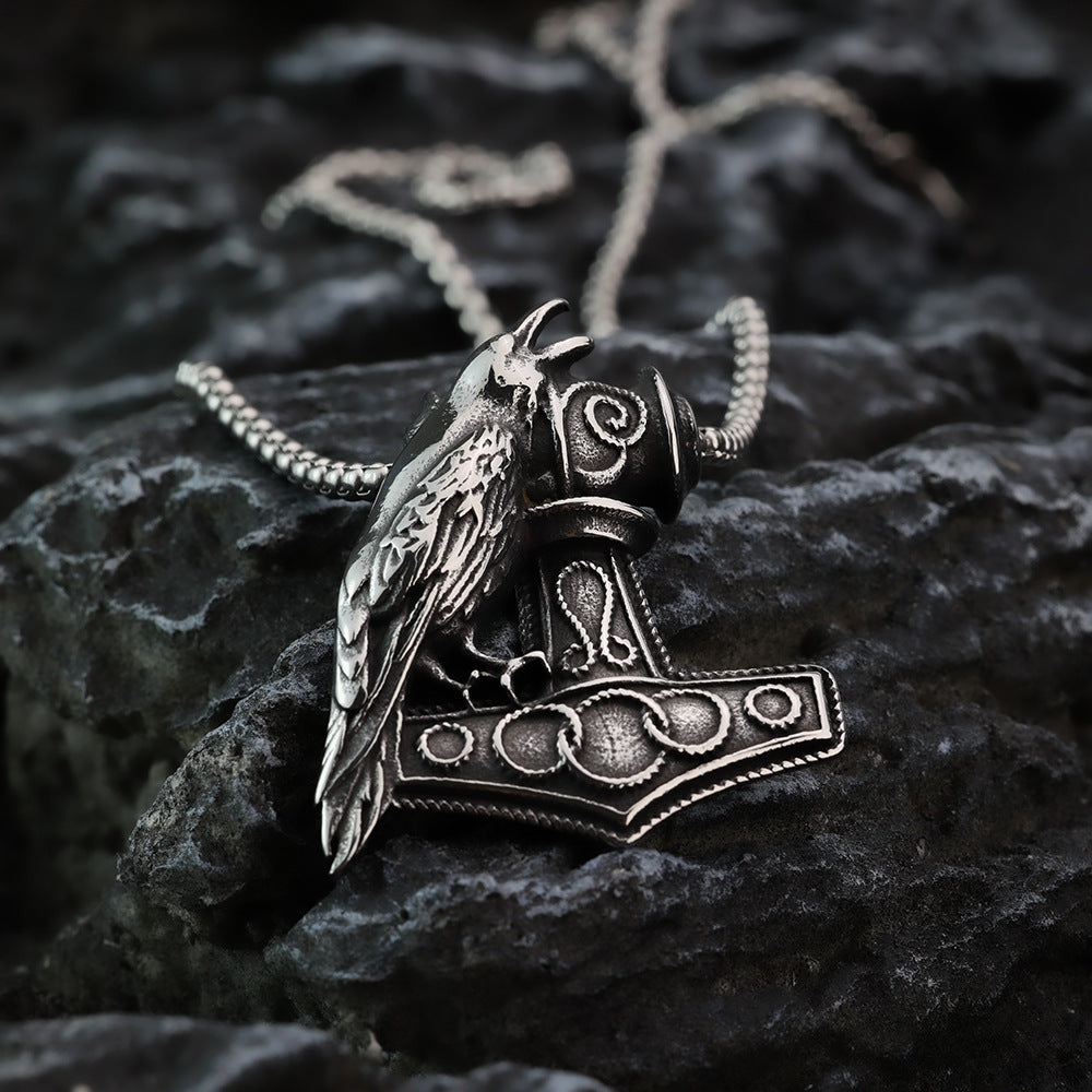 Vintage Stainless Steel Men's Viking Raven Thor Hammer Necklace