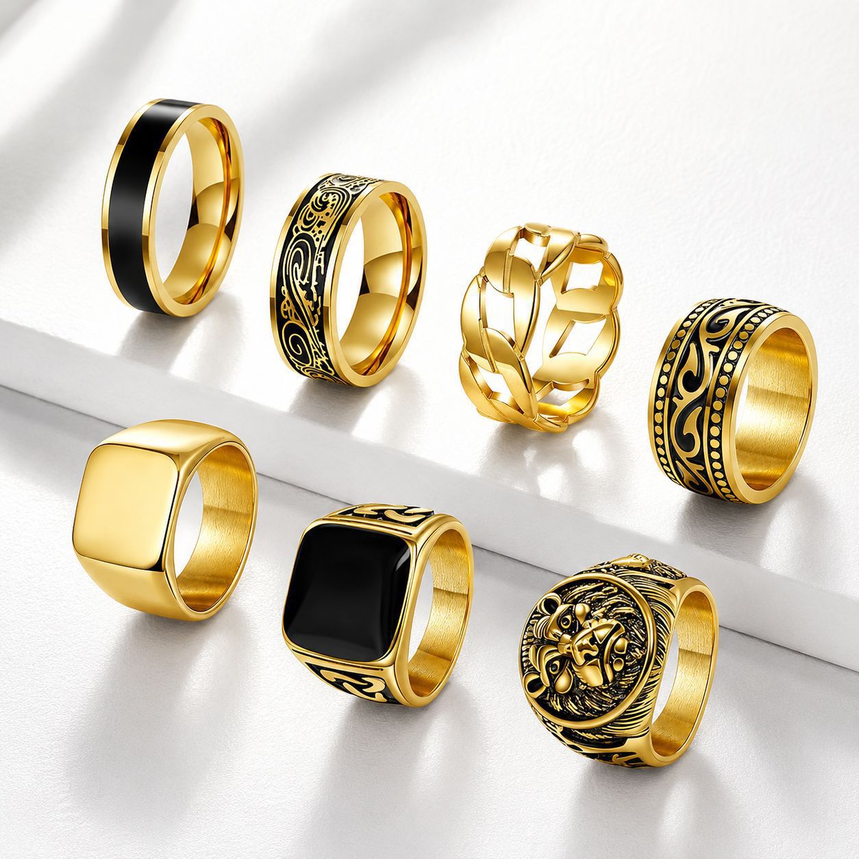 Mens Retro Engraved Lion Head Ring Set by Planderful Everyday Genie Unisex Protection Statement European American Style