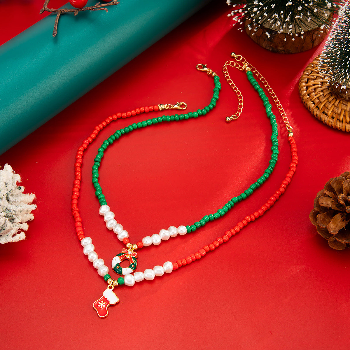 Christmas Santa & Elk Pearl-Style Necklace