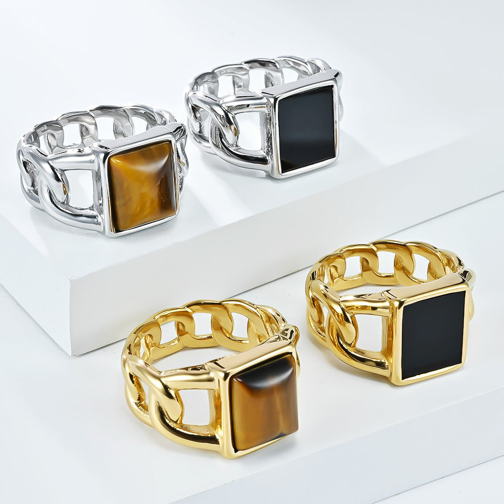 Planderful Premium Tiger Eye Ring For Men Titanium Steel Cuban Chain Hip Hop Style Jewelry