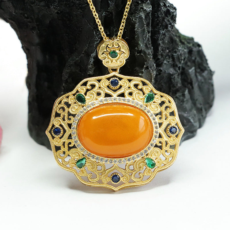 Sterling Silver Palace Style Beeswax Amber Pendant Necklace with Auspicious Cloud Design