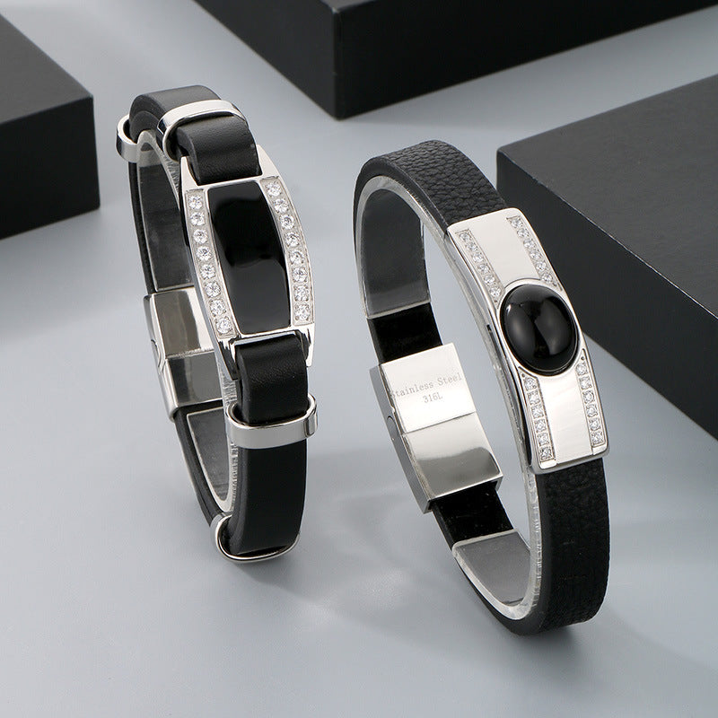 Planderful Leather Bracelet For Men Zircon Encrusted