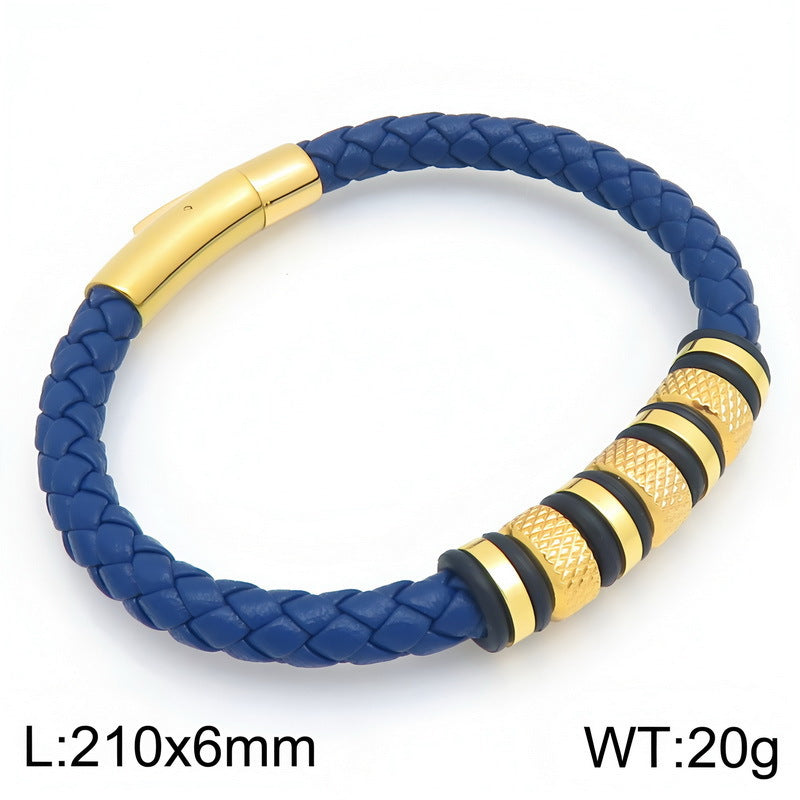 Rhombus Knurled Titanium Steel Ball Woven Microfiber Leather Magnetic Buckle Leather Bracelet