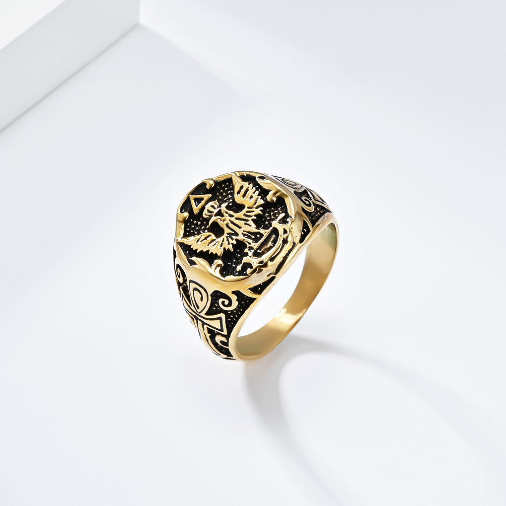 Planderful Mens Ring Retro Double-Headed Eagle Titanium Steel For Men Dominant Statement Jewelry