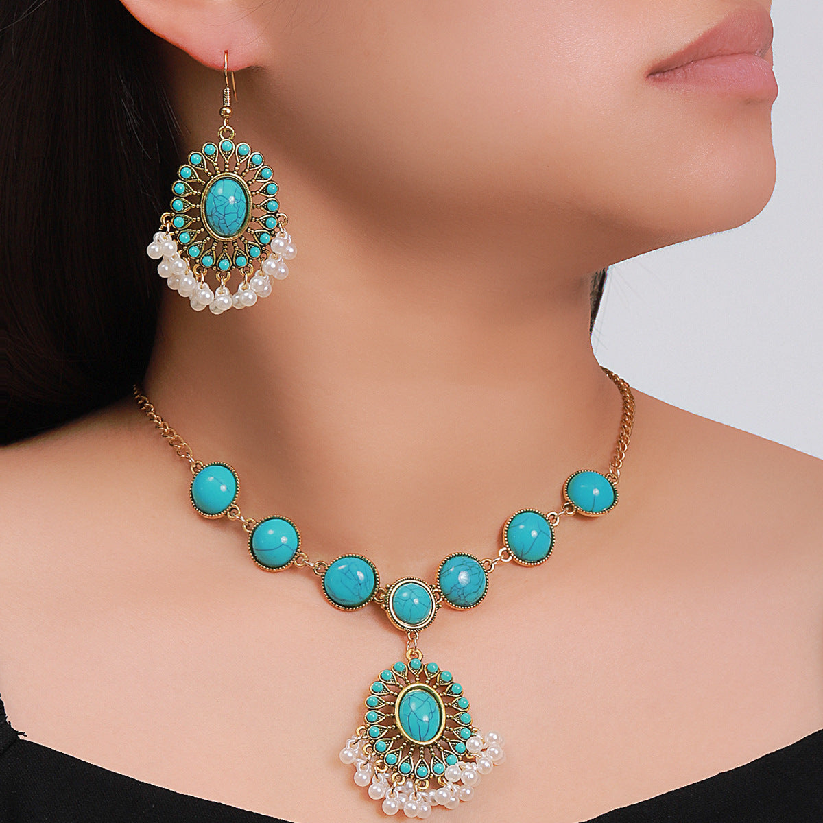 Savanna Rhythms Ethnic Turquoise Necklace with Tassel Pendant and Earrings