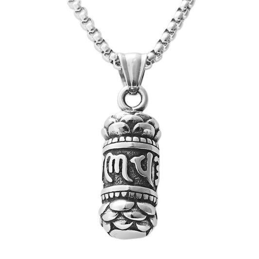 Personalized Titanium Steel Lotus Column Pendant Necklace - Retro Men's Punk Six-Character Mantra Flower Design