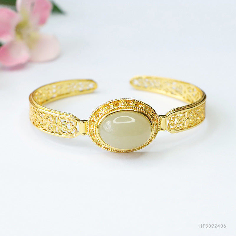 Hetian Jade Cabochon Open Bangle