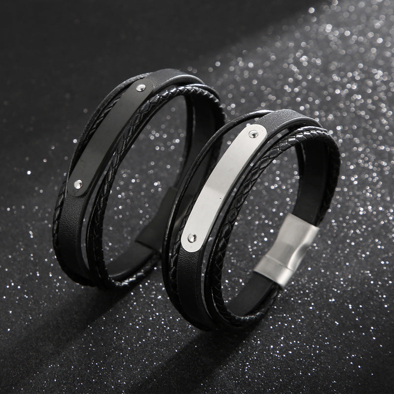 Planderful Mens Stainless Steel Magnetic Leather Bracelet