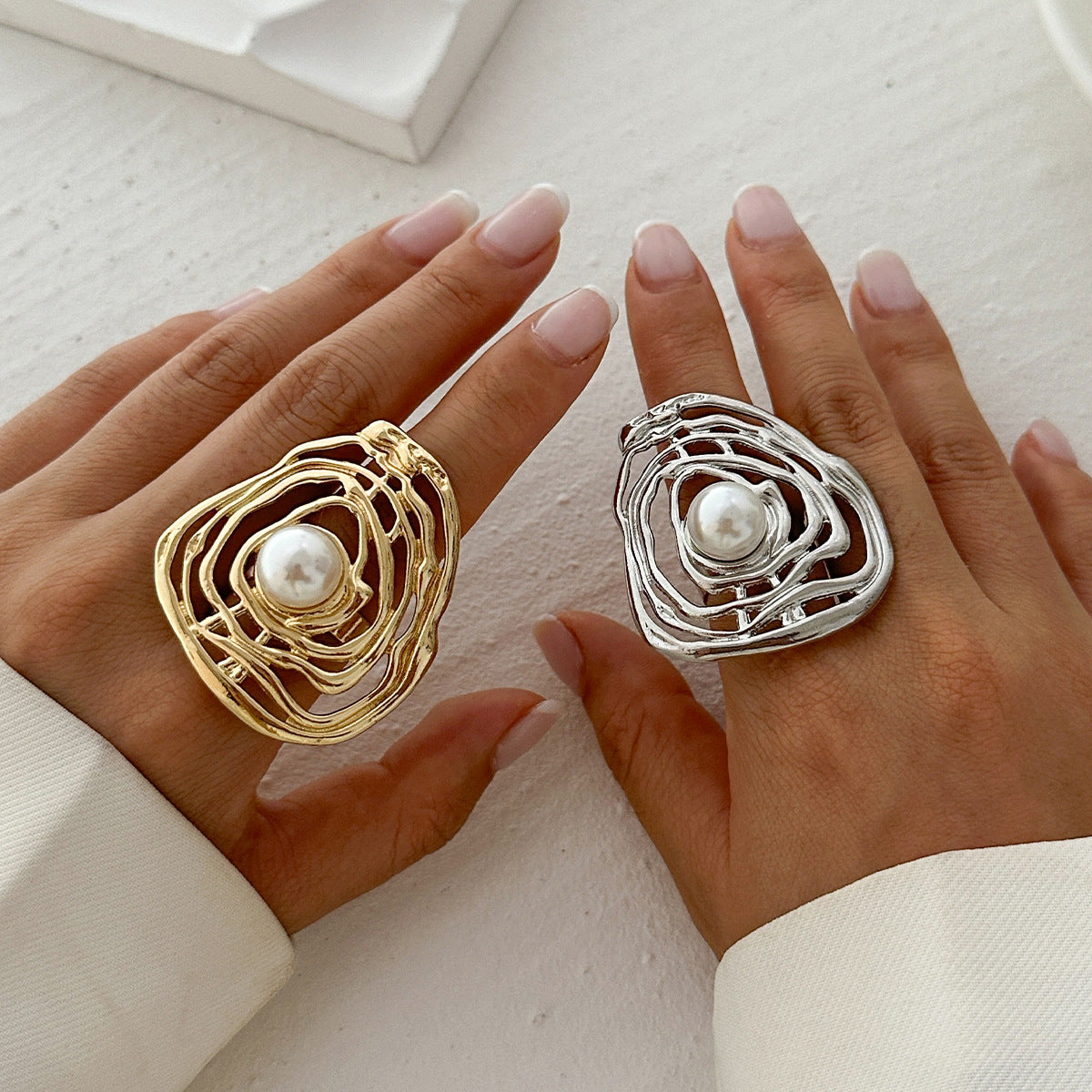 Planderful Vienna Verve Imitation Pearl Ring Open Wind Fold Metal Ring For Trendy Women And Gift Seekers