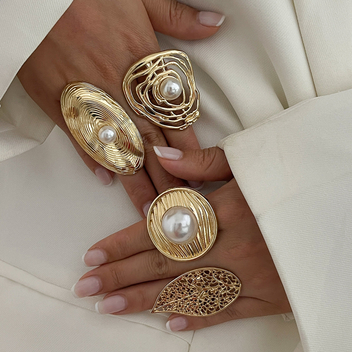 Planderful Vienna Verve Imitation Pearl Ring Open Wind Fold Metal Ring For Trendy Women And Gift Seekers
