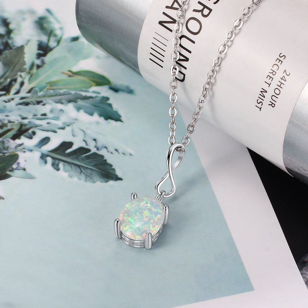 Planderful Jewelry Opal Pendant Necklace in Sterling Silver S925 For Modern Women