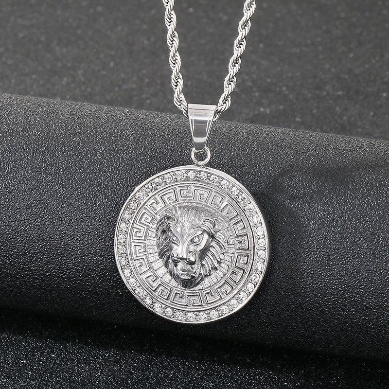 Planderful Zircon Lion Head Pendant Men Hip Hop Compass