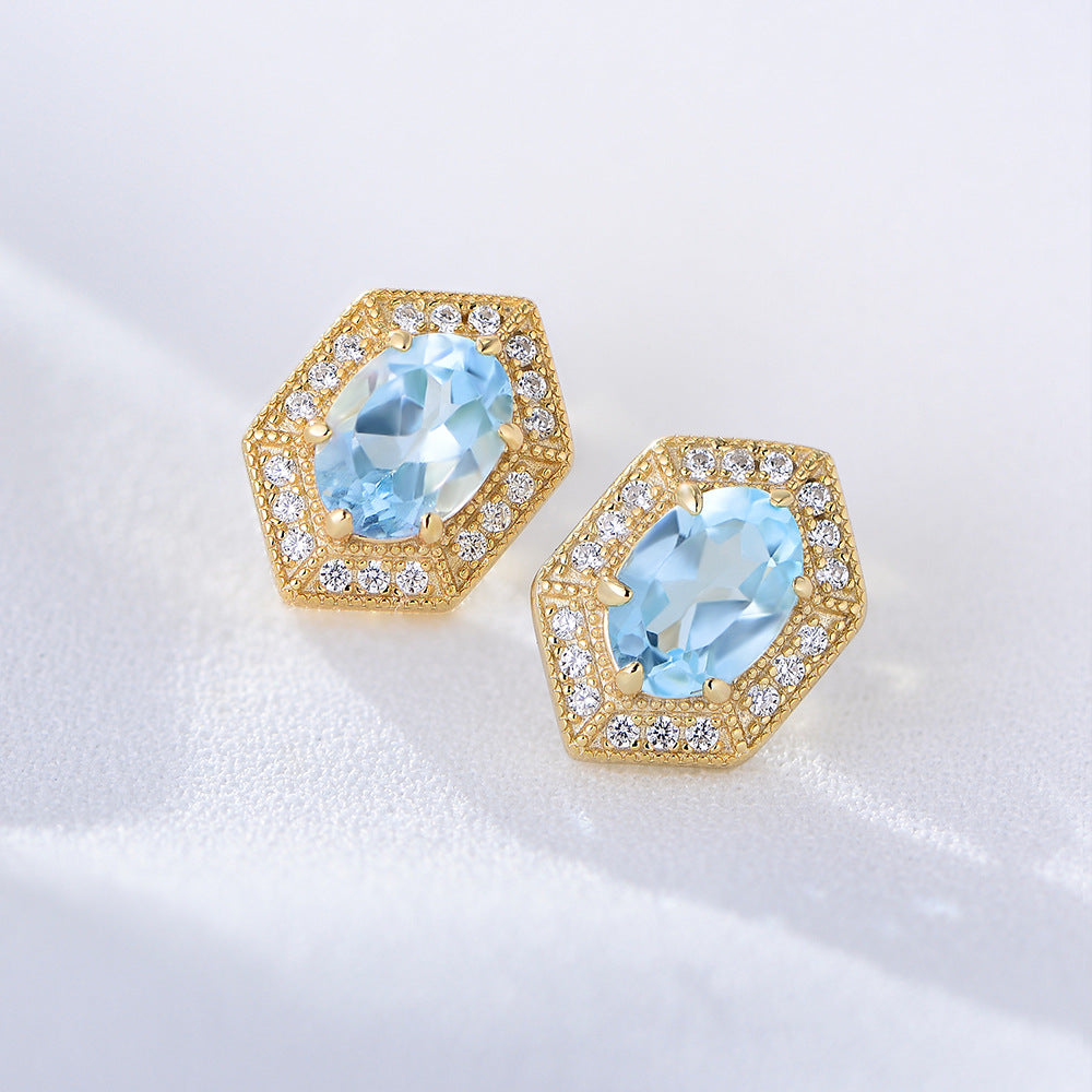 Geometric Blue Natural Topaz Earrings Sterling Silver Stud Earrings, Earrings