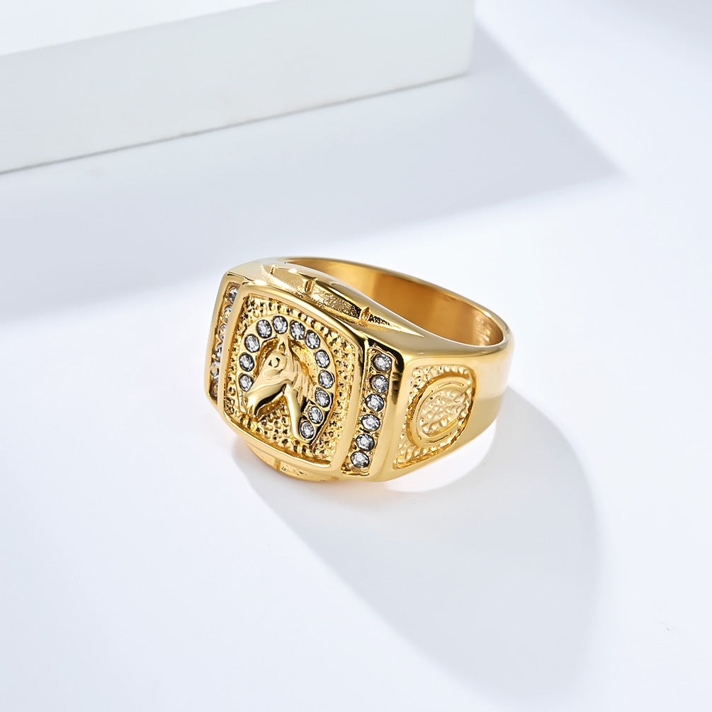 Planderful Shop Hip Hop Horse Head Ring Stainless Steel 18K Gold Plated With Zircon For Men Size 7 To 13