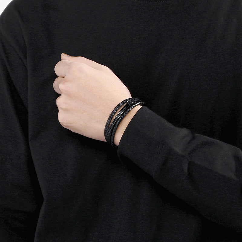 Multi-Layer Leather Rope Bracelet – Black Woven Leather Layered Stainless Steel
