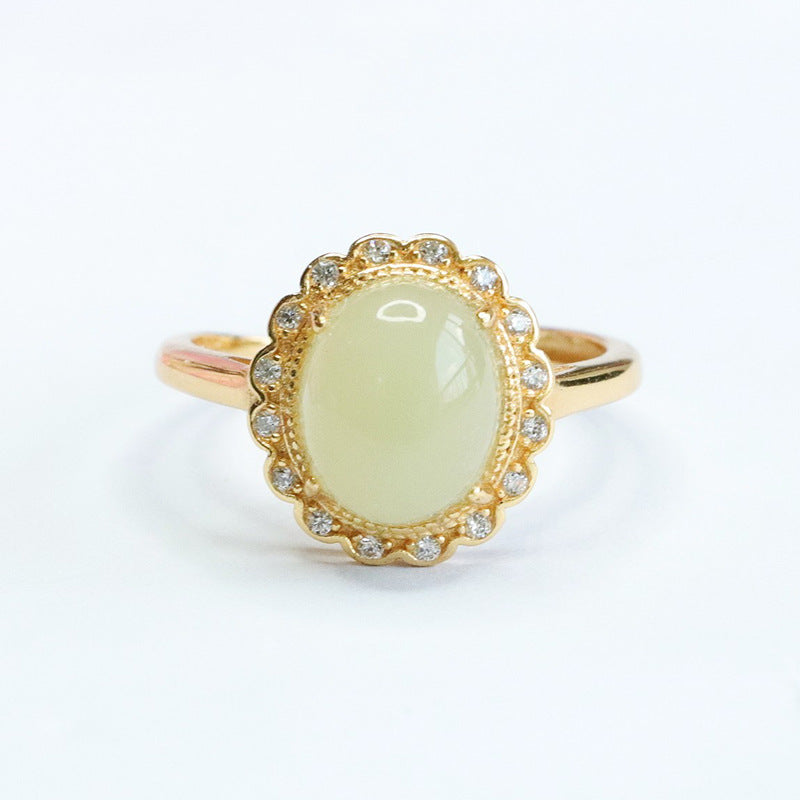S925 Silver Hetian Jade and Zircon Petal Adjustable Ring