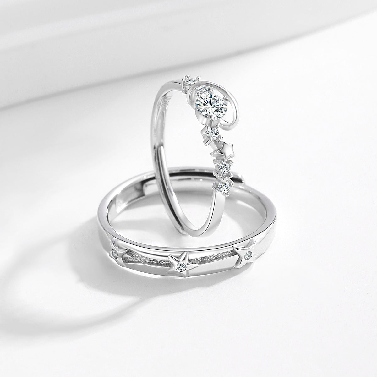 Planderful Star Accompanied S925 Sterling Silver Couple Ring Planet Pair Ring Light Luxury Trendy Cool Jewelry Valentine's Day Girlfriend