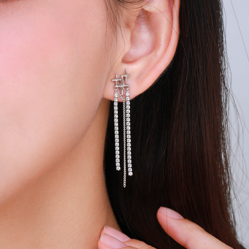Sterling Silver Tassel Earrings with Zircon Accents
