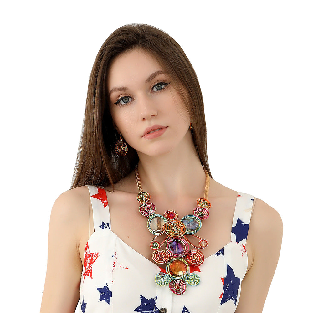 Extravagant Gemstone Aluminum Wire Weave Necklace Set - Handcrafted Jewelry with European and American Influence