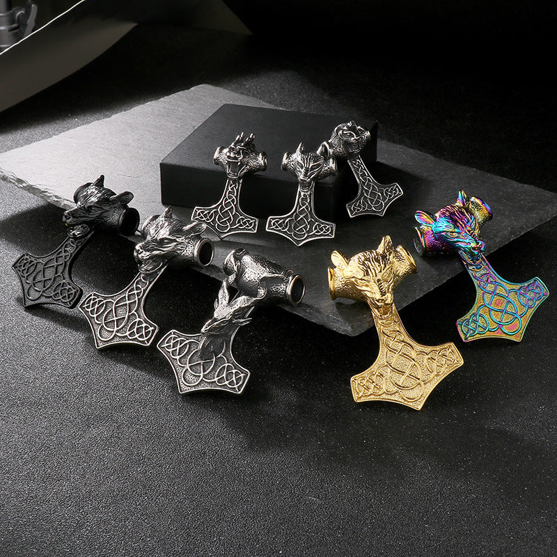 Retro Animal Pendant, Nordic Viking Wolf Head, Lion Head, Goat, Thor'S Hammer, Titanium Necklace
