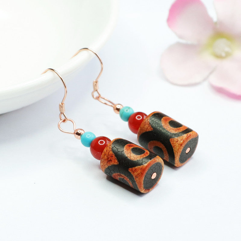 Three-Eye Dzi Agate 925 Silver Hook Earrings