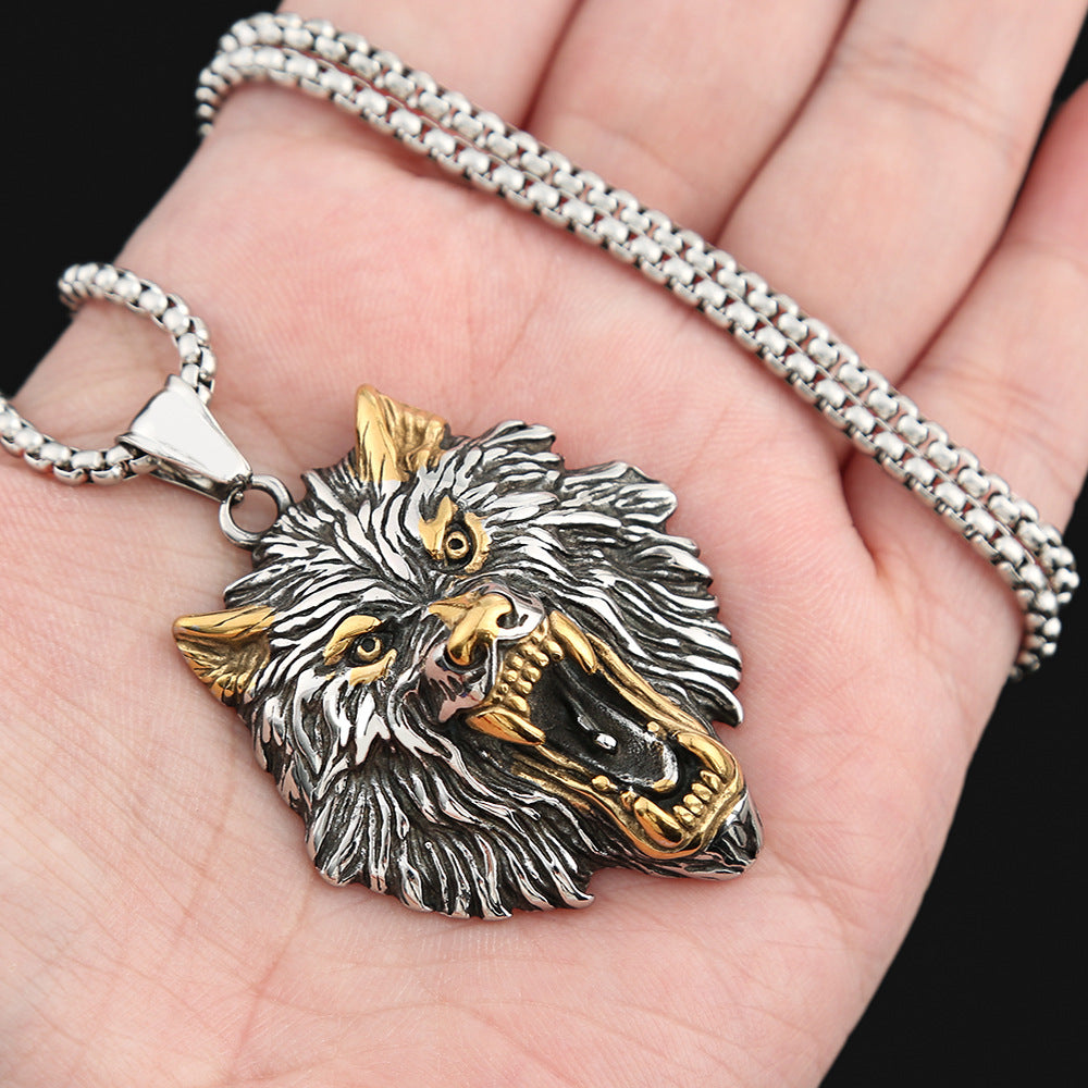 Nordic Hip-Hop Stainless Steel Viking Wolf Head Necklace