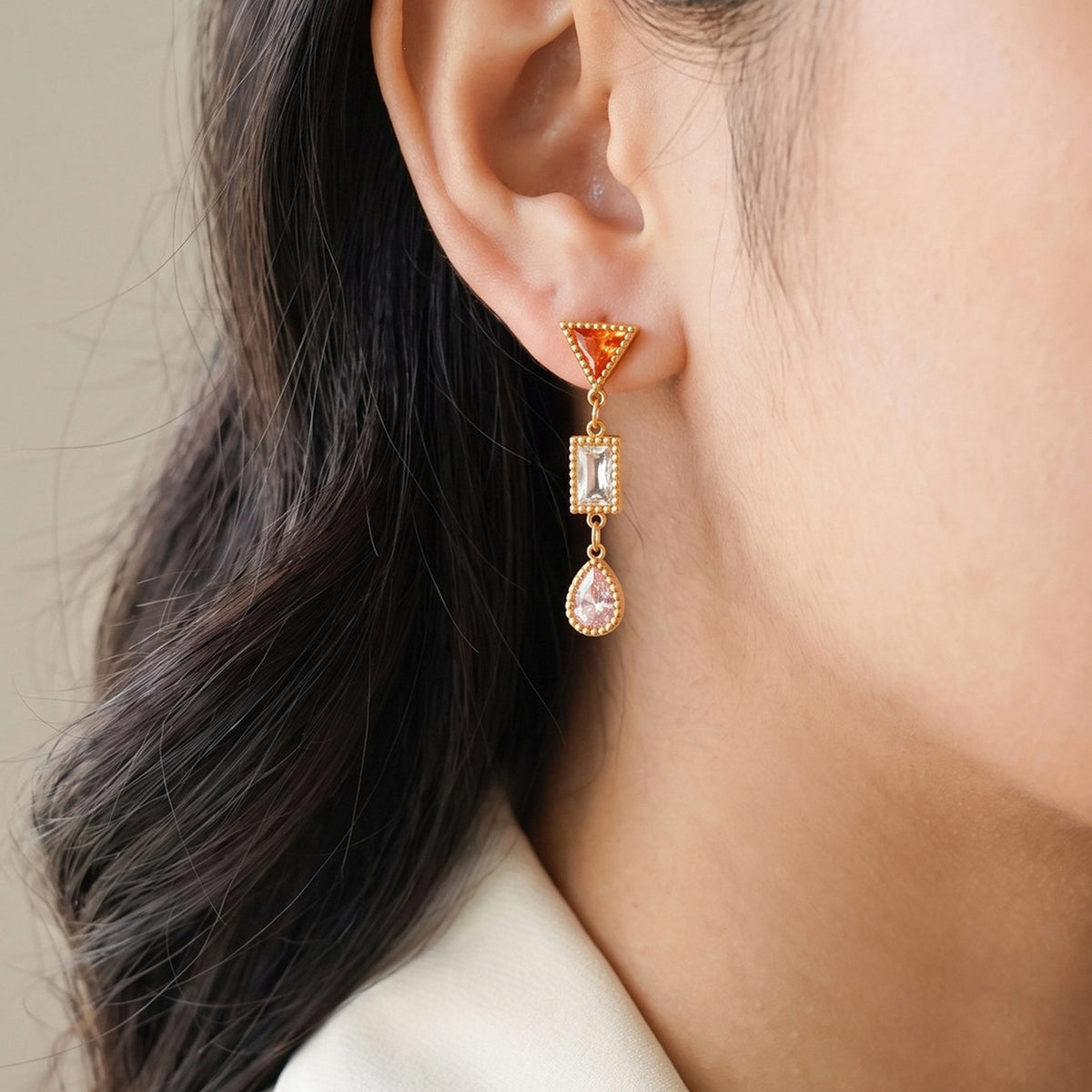 Multicolor Crystal Geometric Drop Earrings — Gold Pair