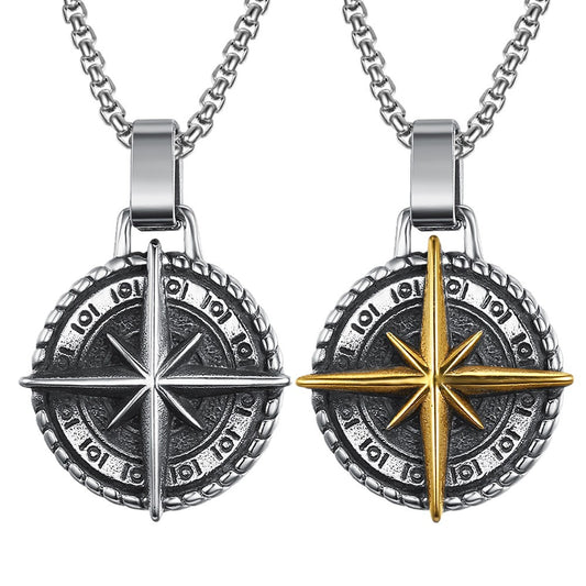 Planderful Mens Stainless Steel Compass Necklace Personalized Navigator Cross Pendant Retro Hip Hop Style