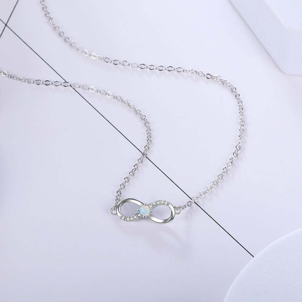 Round Opal Zircon Infinite Symbol Sterling Silver Necklace