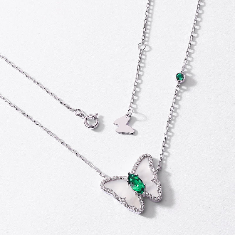 S925 Sterling Silver Lab-Grown Emerald Butterfly Pendant Necklace