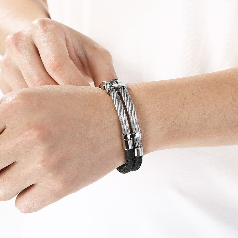 Business Style Black Double Leather Rope Leather Bracelet Layered Stainless Steel