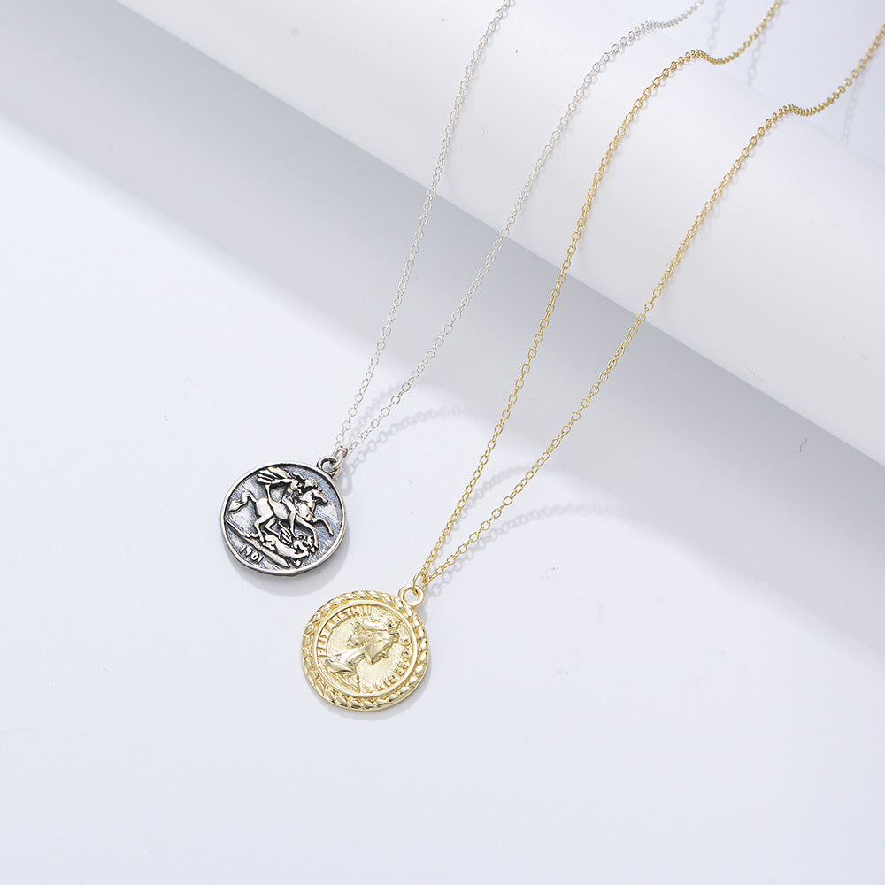 S925 Sterling Silver Portrait Relief Queen Coin Necklace Personality Hipster Retro