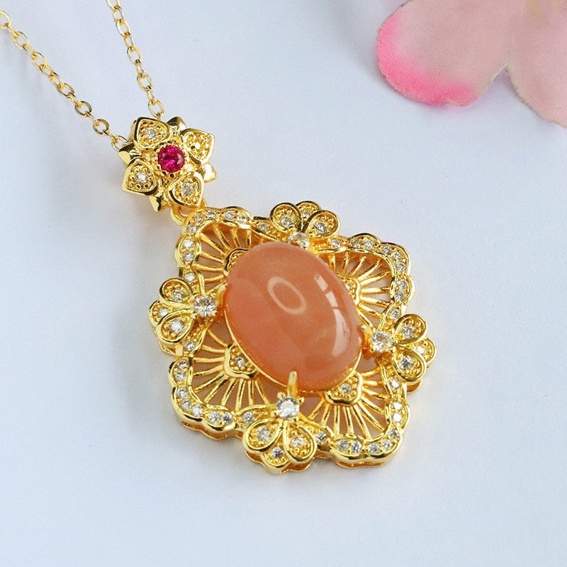 Orange Moonstone Openwork Leaf Pendant — No Chain