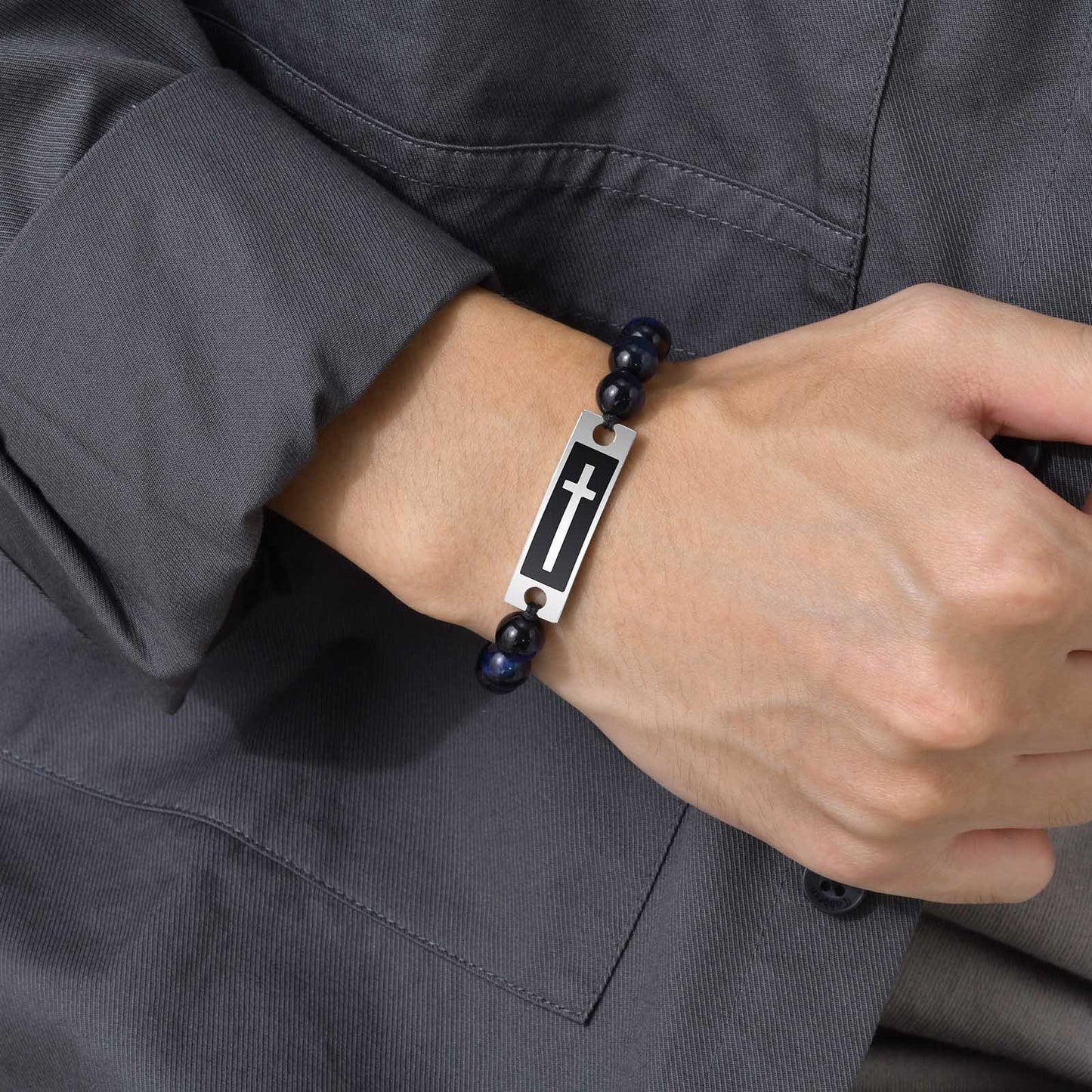 Bracelet Stainless Steel Bent Cross Black Agate Tiger's Eye Beaded Woven Bracelet for Men