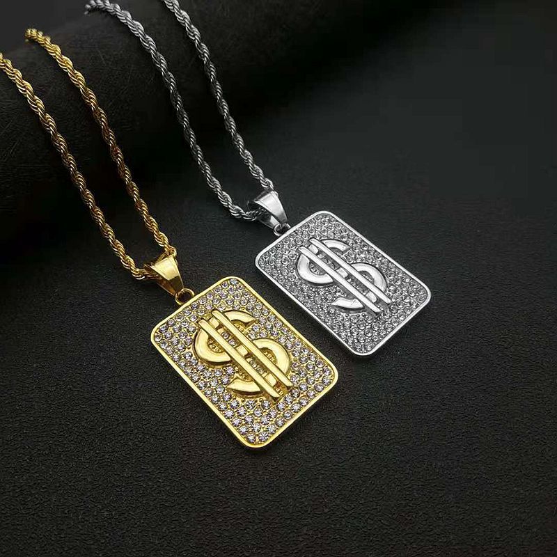 Zircon Necklace – Statement Hip Hop Gold Plated Steel Dollar Pendant With Chain For Everyday Style