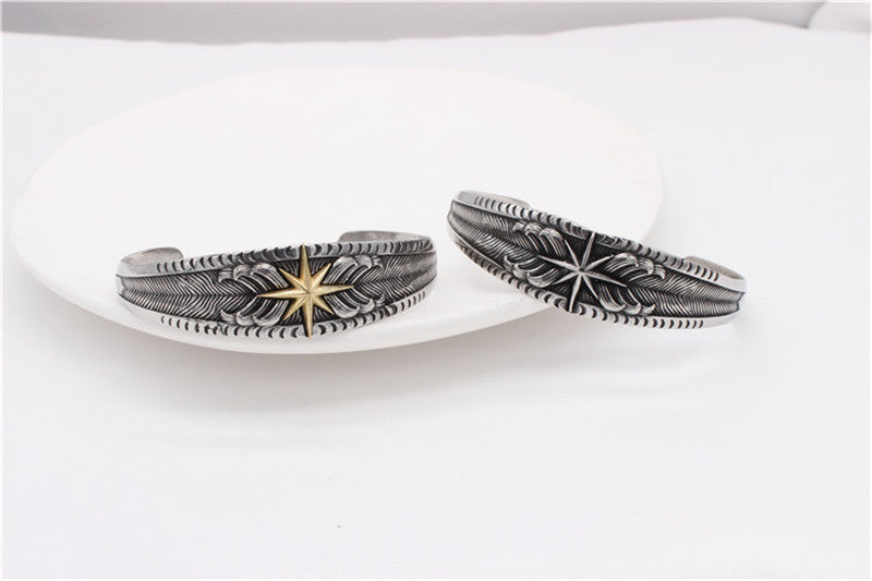 Titanium Steel Bracelet Unisex Bold Retro Feather Lion Star Design For Men And Women By Planderful Jewelry