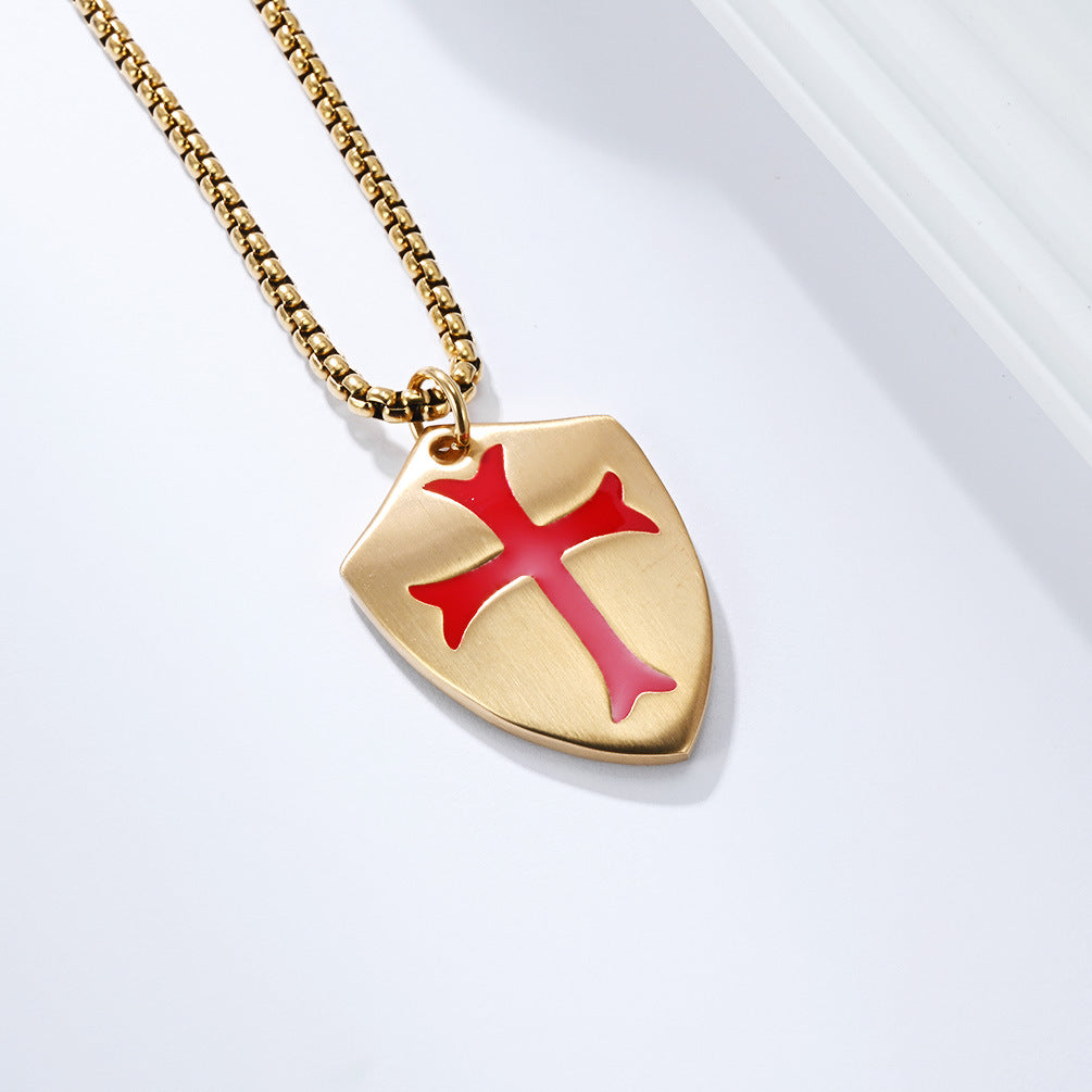 Cross Necklace For Men Matte Stainless Steel Shield Pendant By Planderful Shop Bold Retro Expedition Style