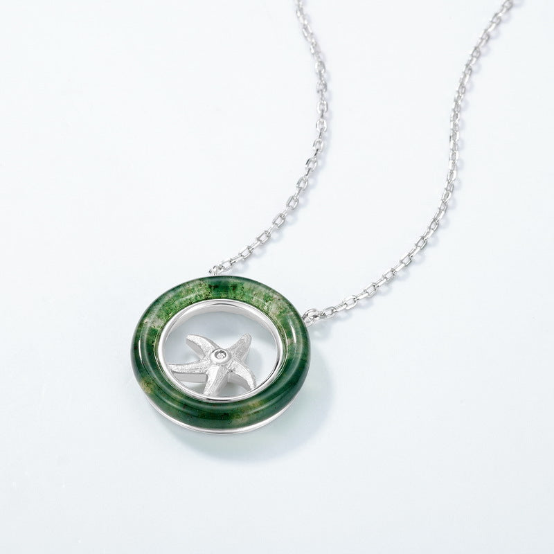 S925 Sterling Silver Moss Agate Starfish Necklace