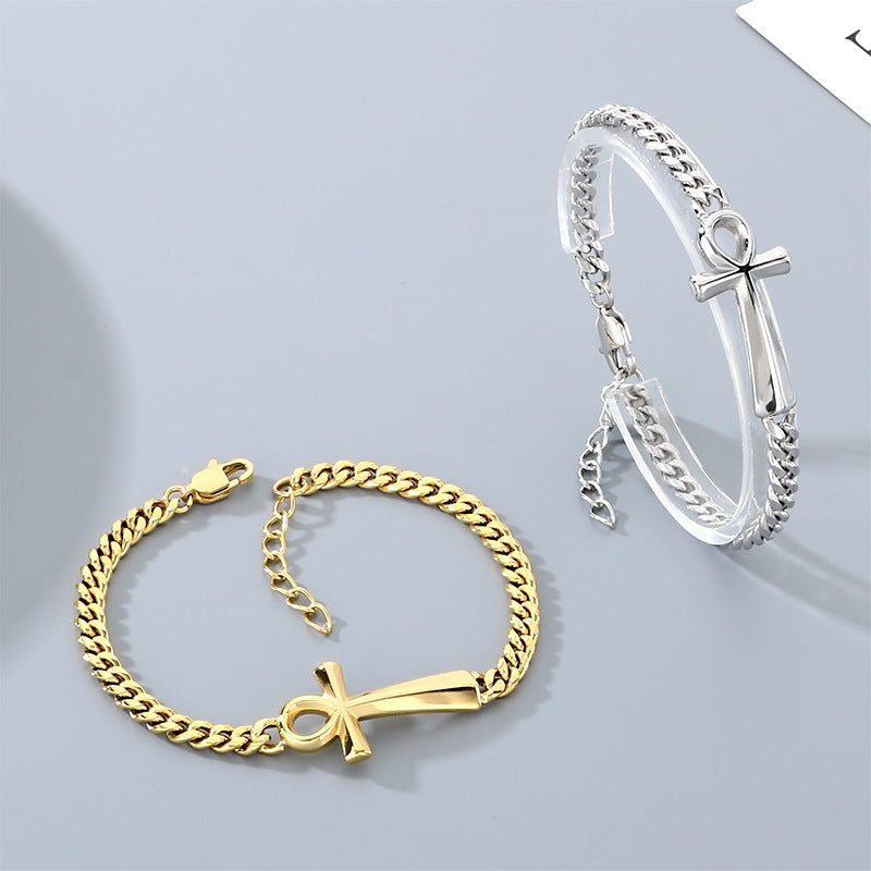 Talisman Of Life – Antique Ancient Egyptian Anka Cross Cuban Chain Titanium Steel Unisex Bracelet