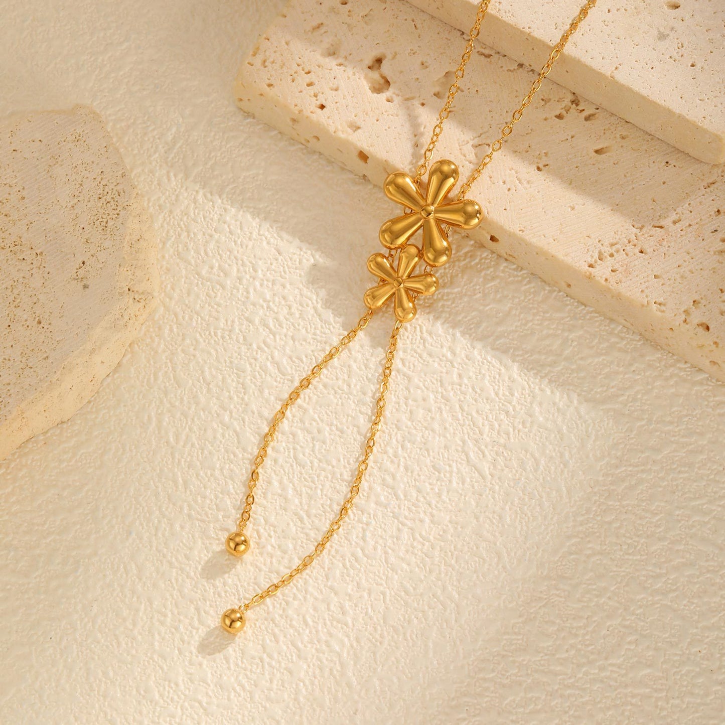 Style Women Stainless Steel Flat Cross Chain Double Flower Y-Shaped Necklace Gold