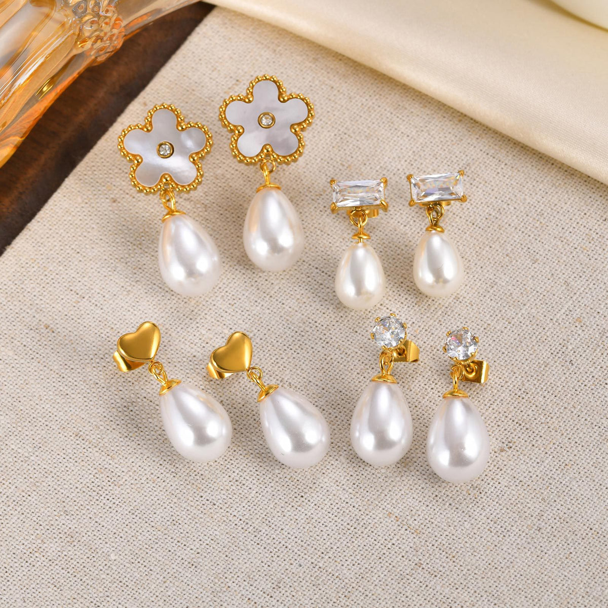 Stainless Steel Zircon Pearl Floral Earrings