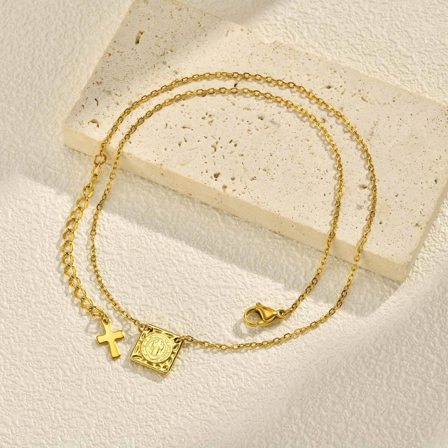 Hot Selling Stainless Steel St. Benedict Square Pendant Necklace Gold