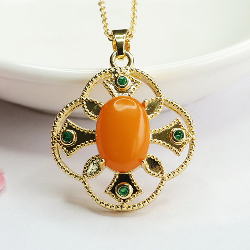 Organic Oval Sterling Silver Beeswax Amber Green Zircon Floral Pendant Necklace