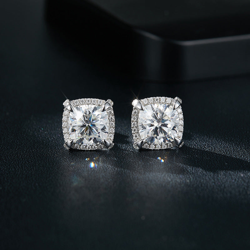 Planderful Moissanite Halo Stud Earrings 8mm Princess Cut Square S925 Silver For Her